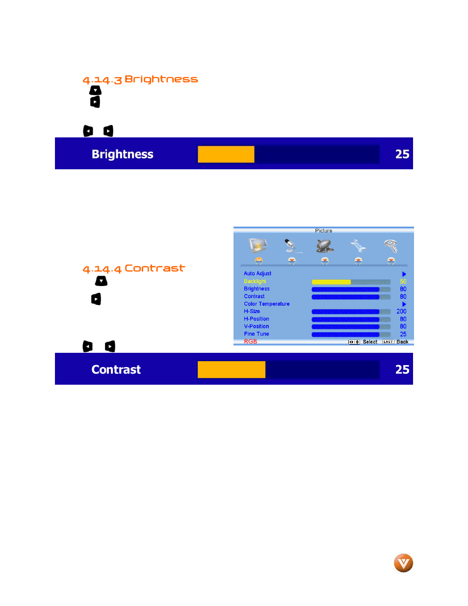 Brightness, 4 contrast, 3 brightness | Vizio VW46L User Manual | Page 57 / 70