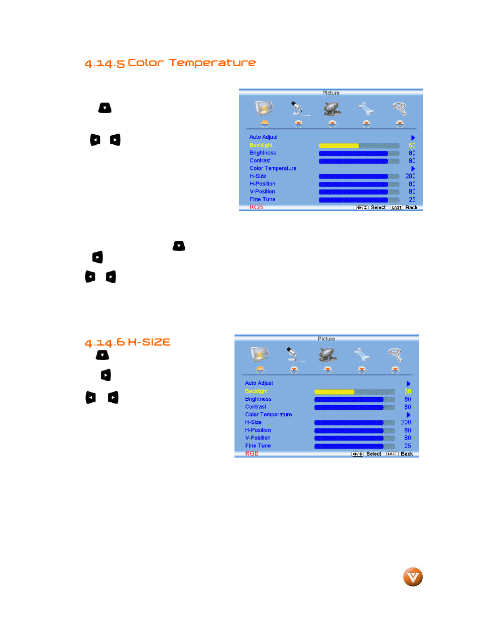 5 color temperature, H-size, 6 h-size | Vizio VW46L User Manual | Page 58 / 70