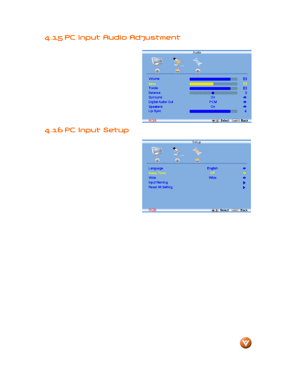 Pc input audio adjustment, 16 pc input setup, 15 pc input audio adjustment | Vizio VW46L User Manual | Page 60 / 70