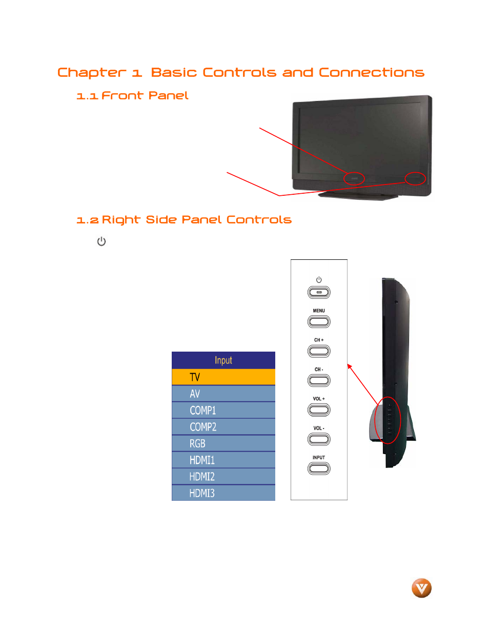 Chapter 1 basic controls and connections, Front panel, 2 right side panel controls | 1 front panel | Vizio VW46L User Manual | Page 9 / 70
