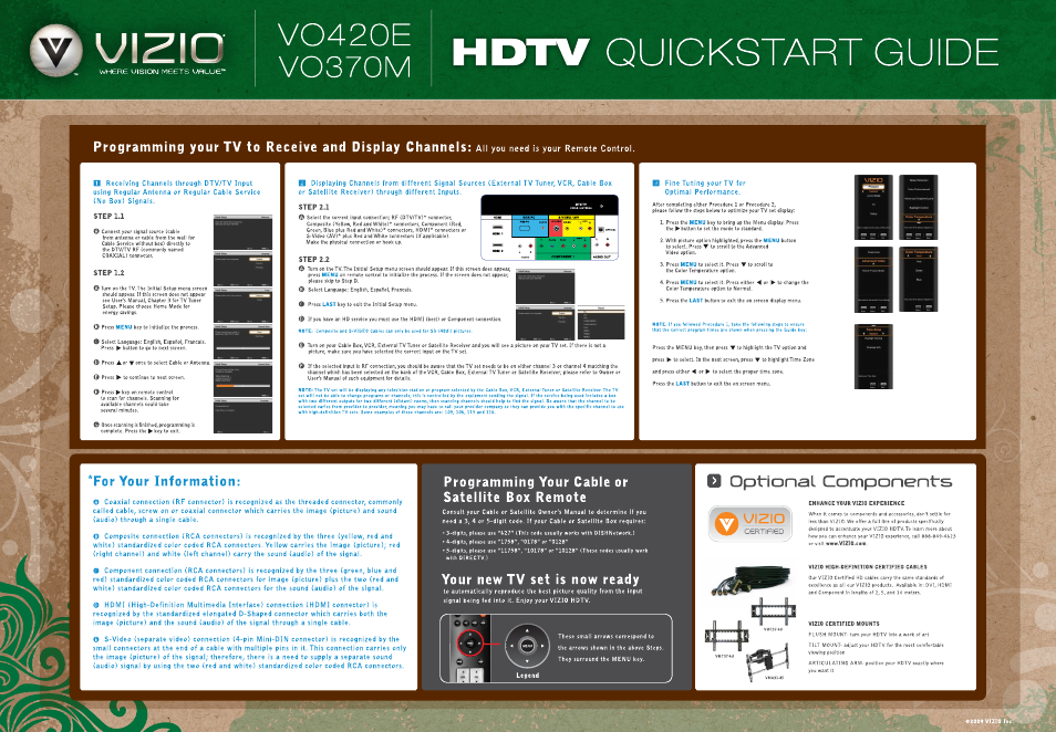 Jiziq, Vo420e, Vo370m | Quickstart guide, Step 2.1, Step 1.1, Step 1.2, Step 2.2, For your information, Programming your cable or satellite box remote | Vizio VO370M User Manual | Page 2 / 2