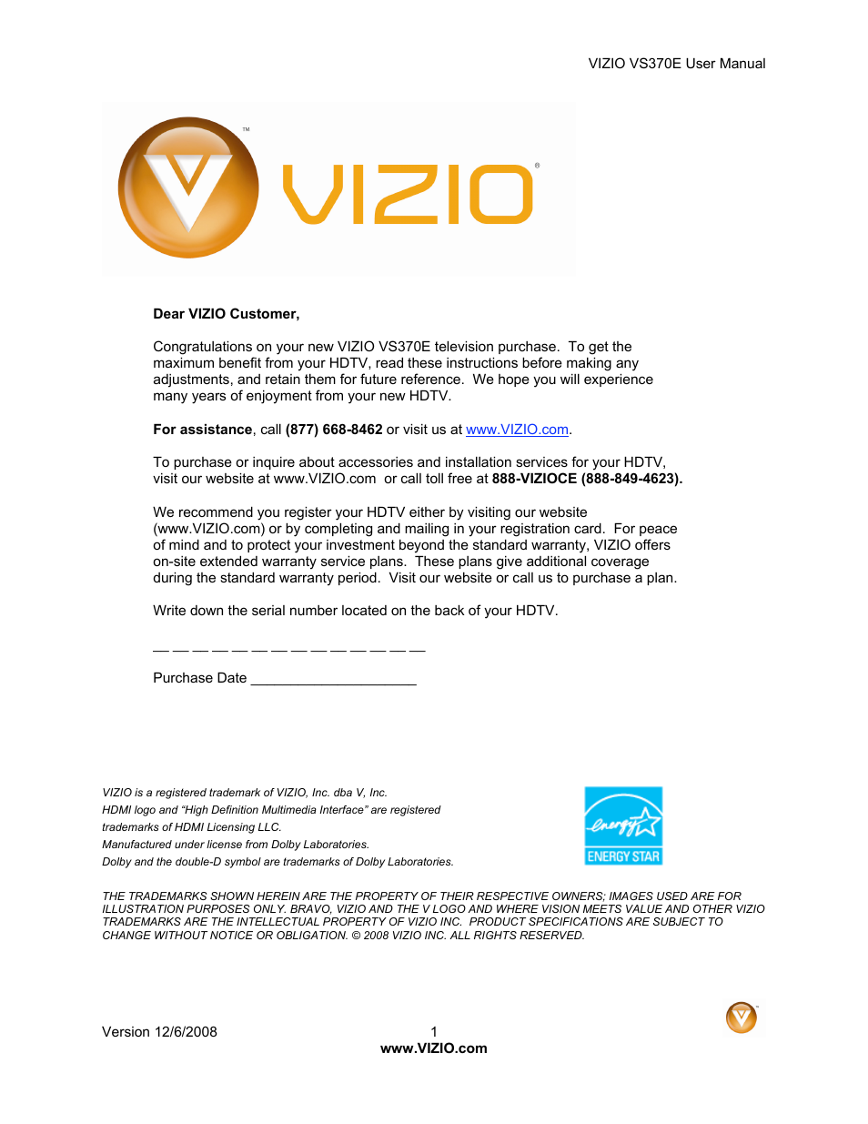 Vizio VS370E User Manual | 43 pages