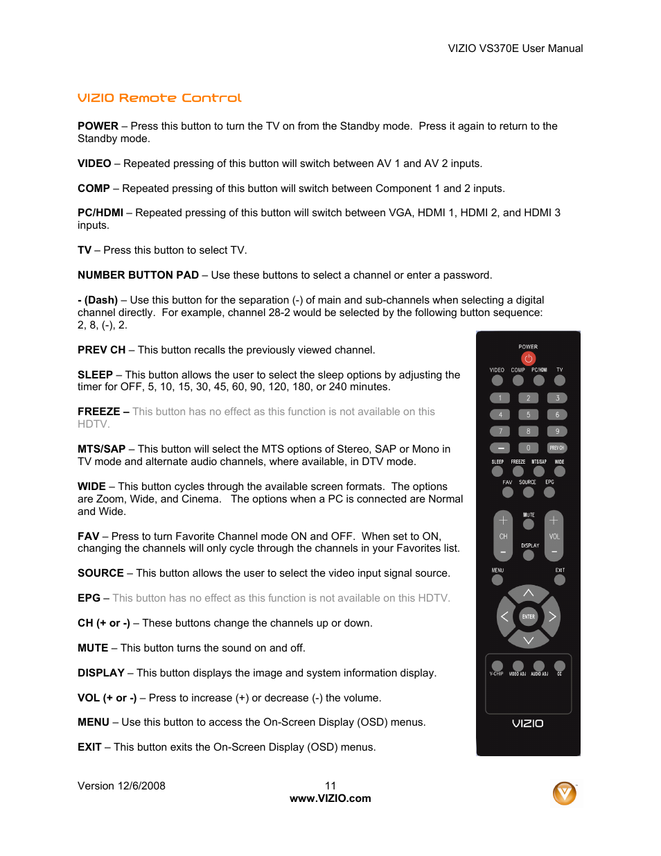 Vizio VS370E User Manual | Page 11 / 43