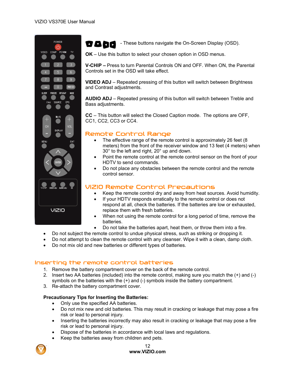 Vizio VS370E User Manual | Page 12 / 43