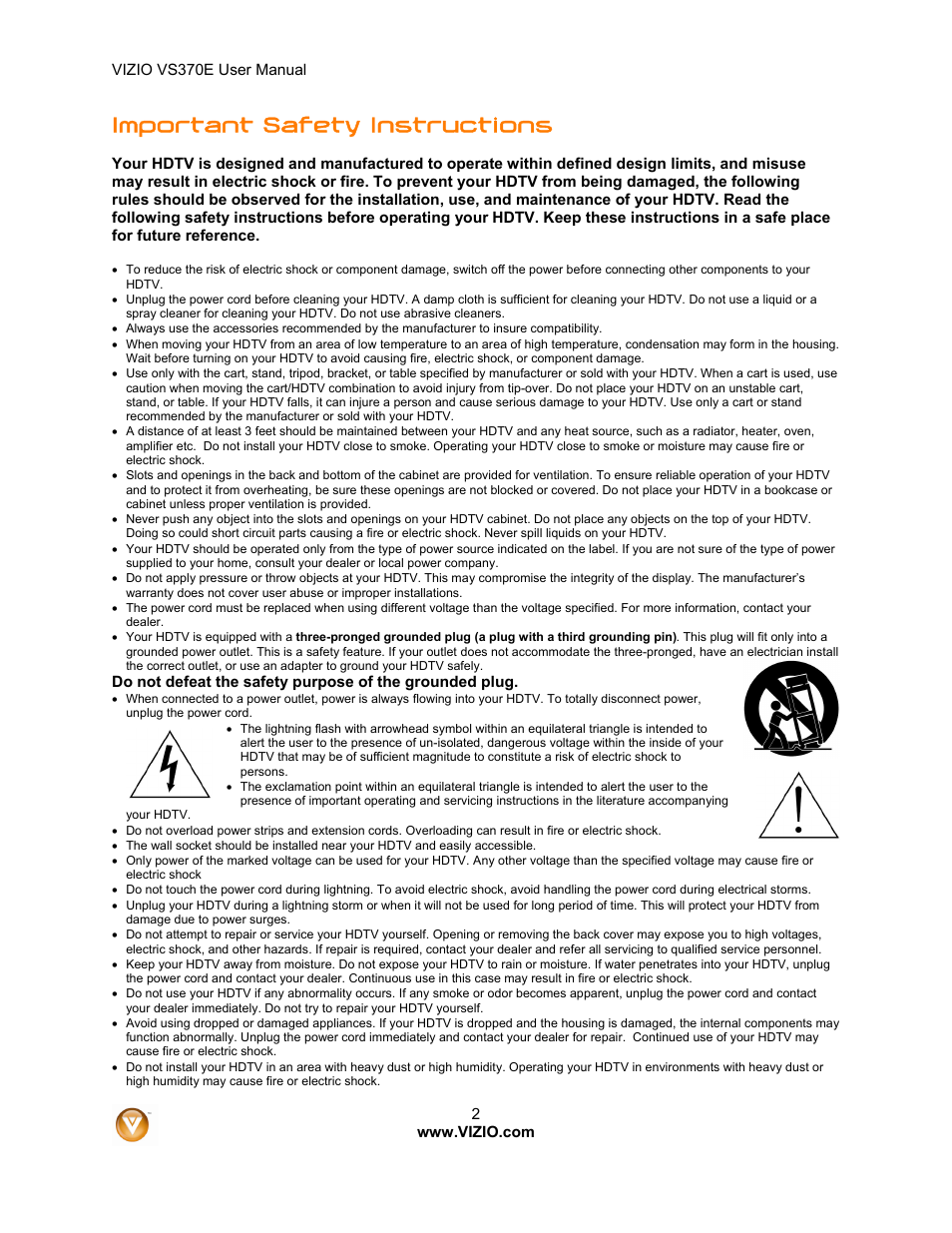 Important safety instructions | Vizio VS370E User Manual | Page 2 / 43