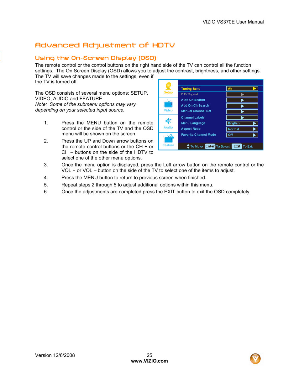 Advanced adjustment of hdtv | Vizio VS370E User Manual | Page 25 / 43