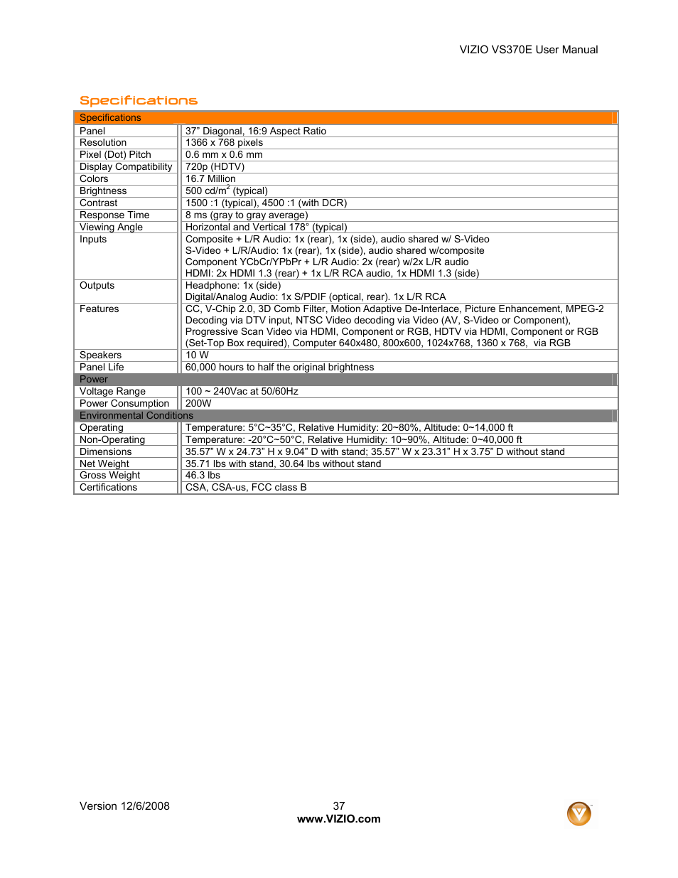 Vizio VS370E User Manual | Page 37 / 43