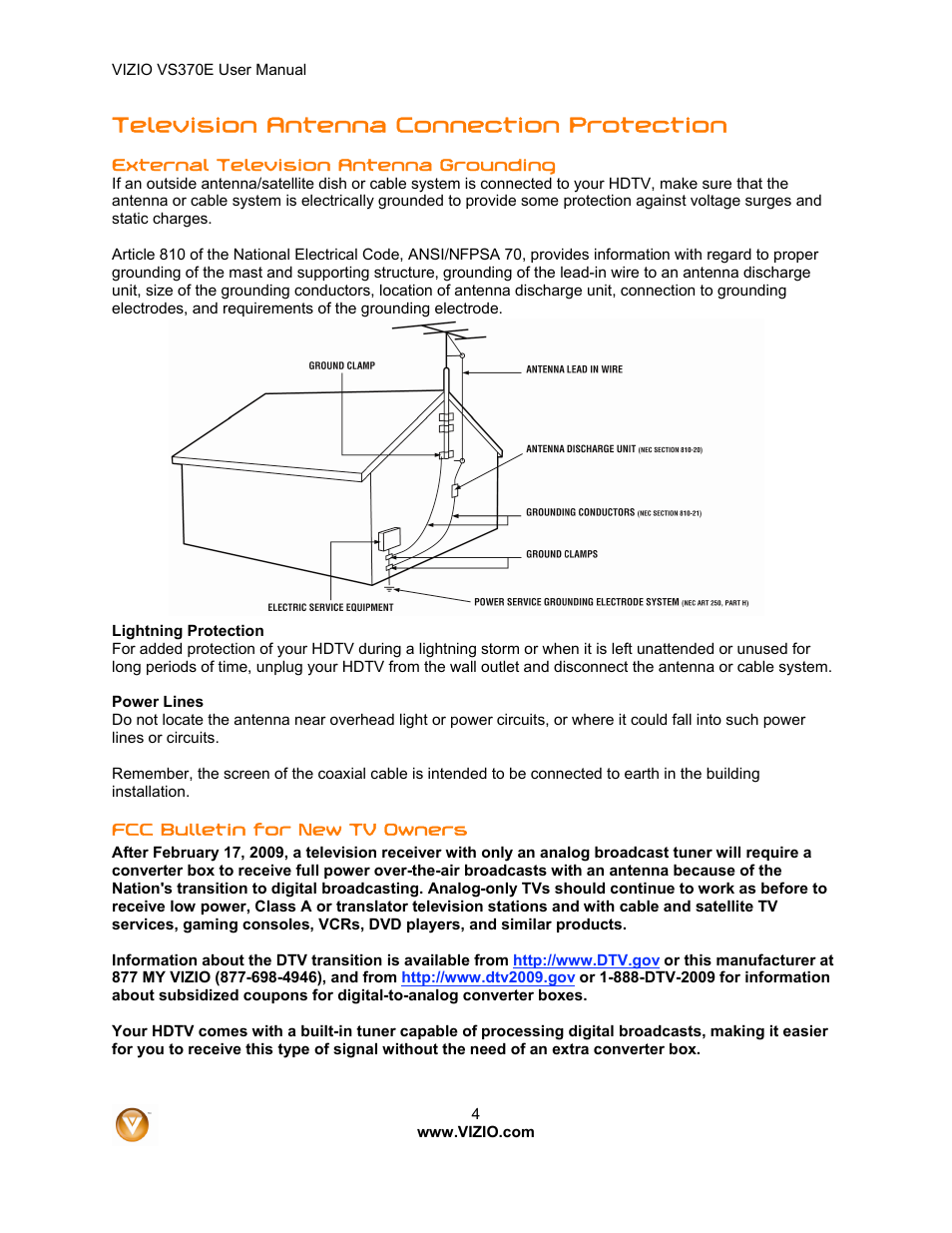 Television antenna connection protection | Vizio VS370E User Manual | Page 4 / 43