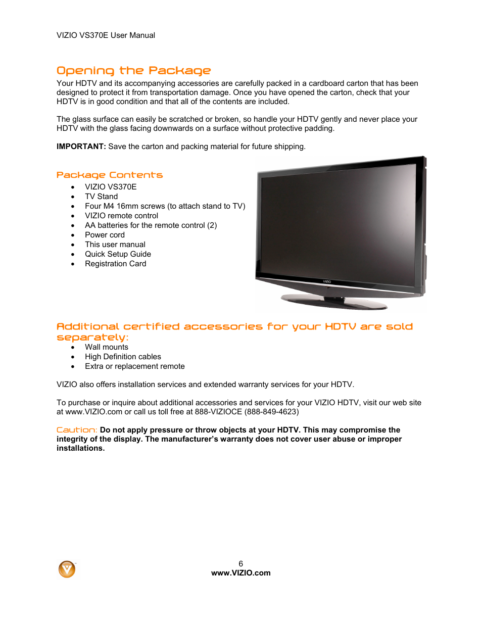 Opening the package | Vizio VS370E User Manual | Page 6 / 43