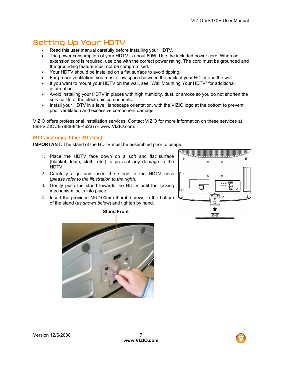 Setting up your hdtv | Vizio VS370E User Manual | Page 7 / 43