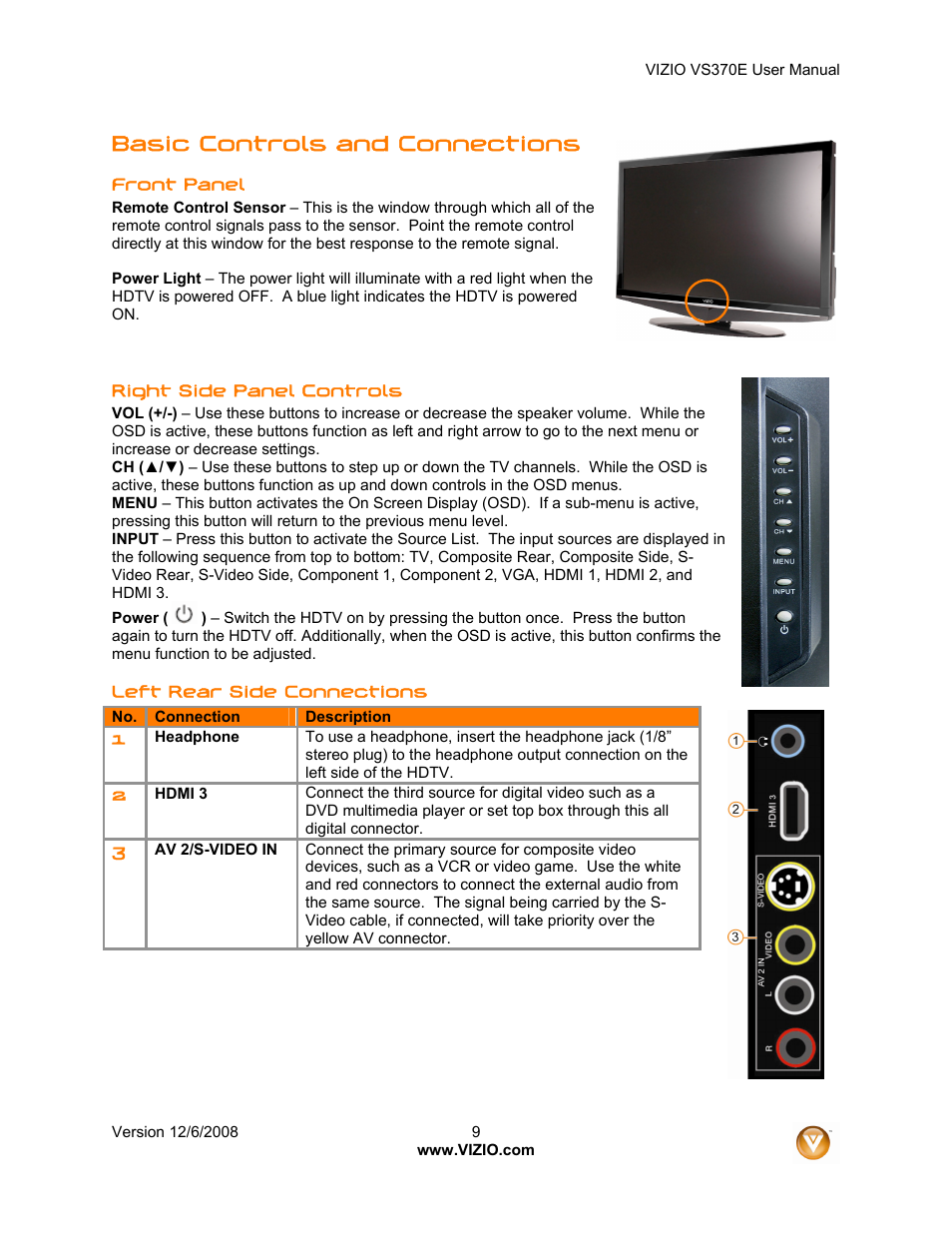 Basic controls and connections | Vizio VS370E User Manual | Page 9 / 43