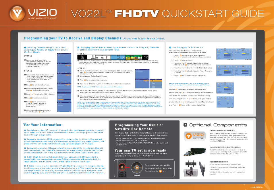 Quickstart guide, Step 1.1, Step 2.1 | Step 1.2, Step 2.2, For your information, Programming your cable or satellite box remote, Your new tv set is now ready, Certified, Legend | Vizio V022L User Manual | Page 2 / 2