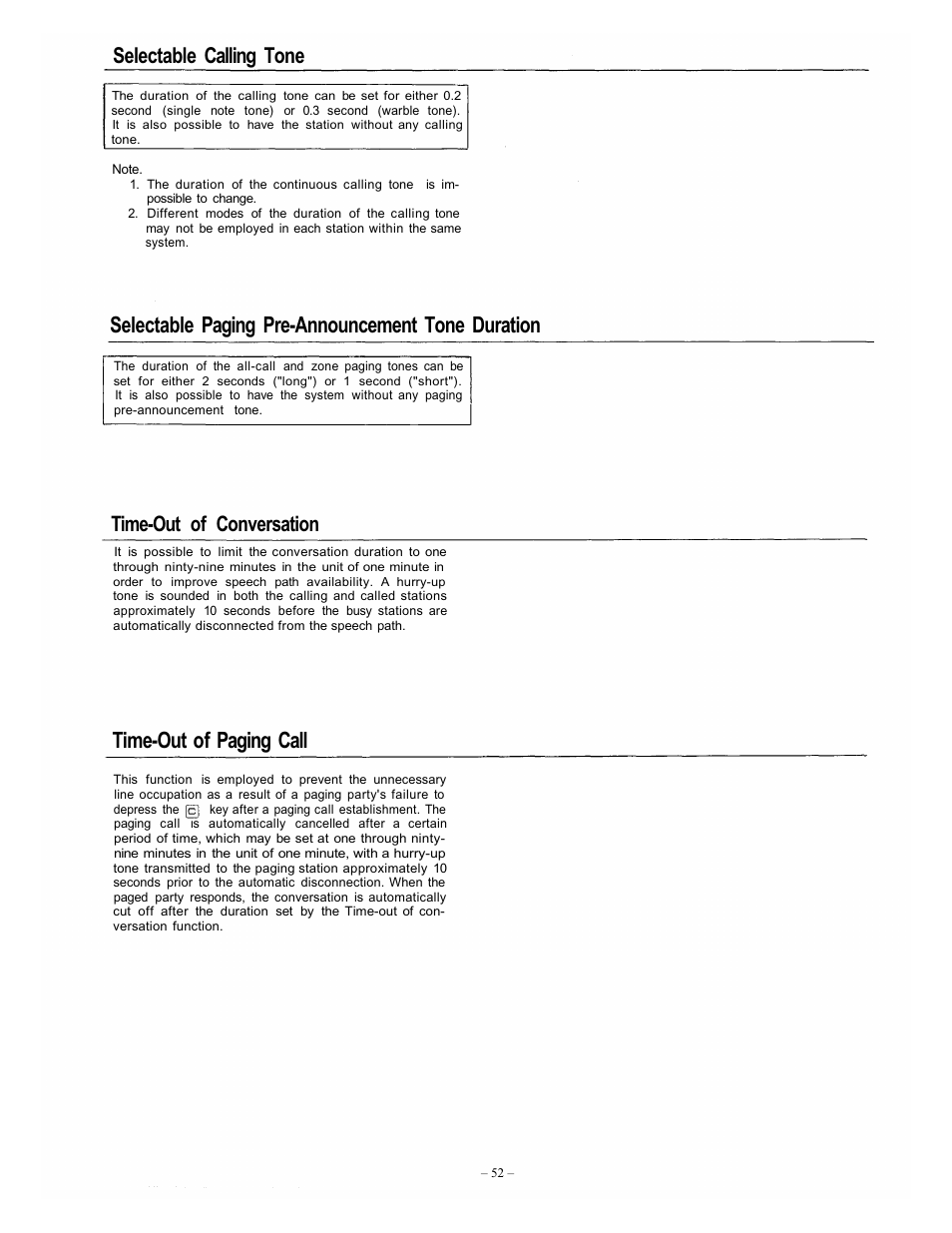 Selectable paging pre-announcement tone duration, Time-out of paging call, Selectable calling tone | Time-out of conversation | Vizio EXES-6000 CP-64 User Manual | Page 55 / 102