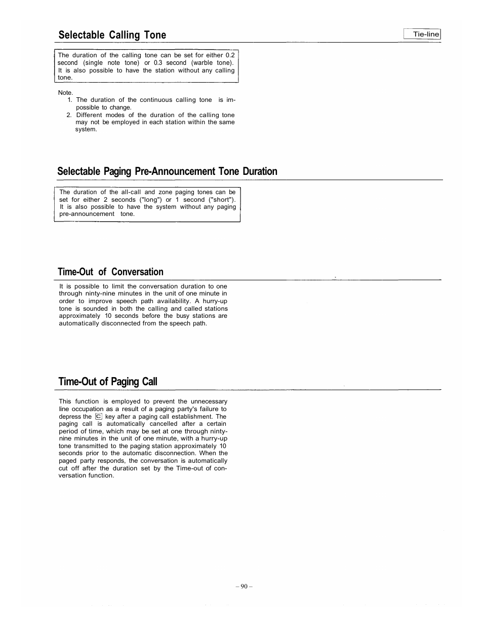 Time-out of paging call, Selectable calling tone, Selectable paging pre-announcement tone duration | Time-out of conversation | Vizio EXES-6000 CP-64 User Manual | Page 94 / 102