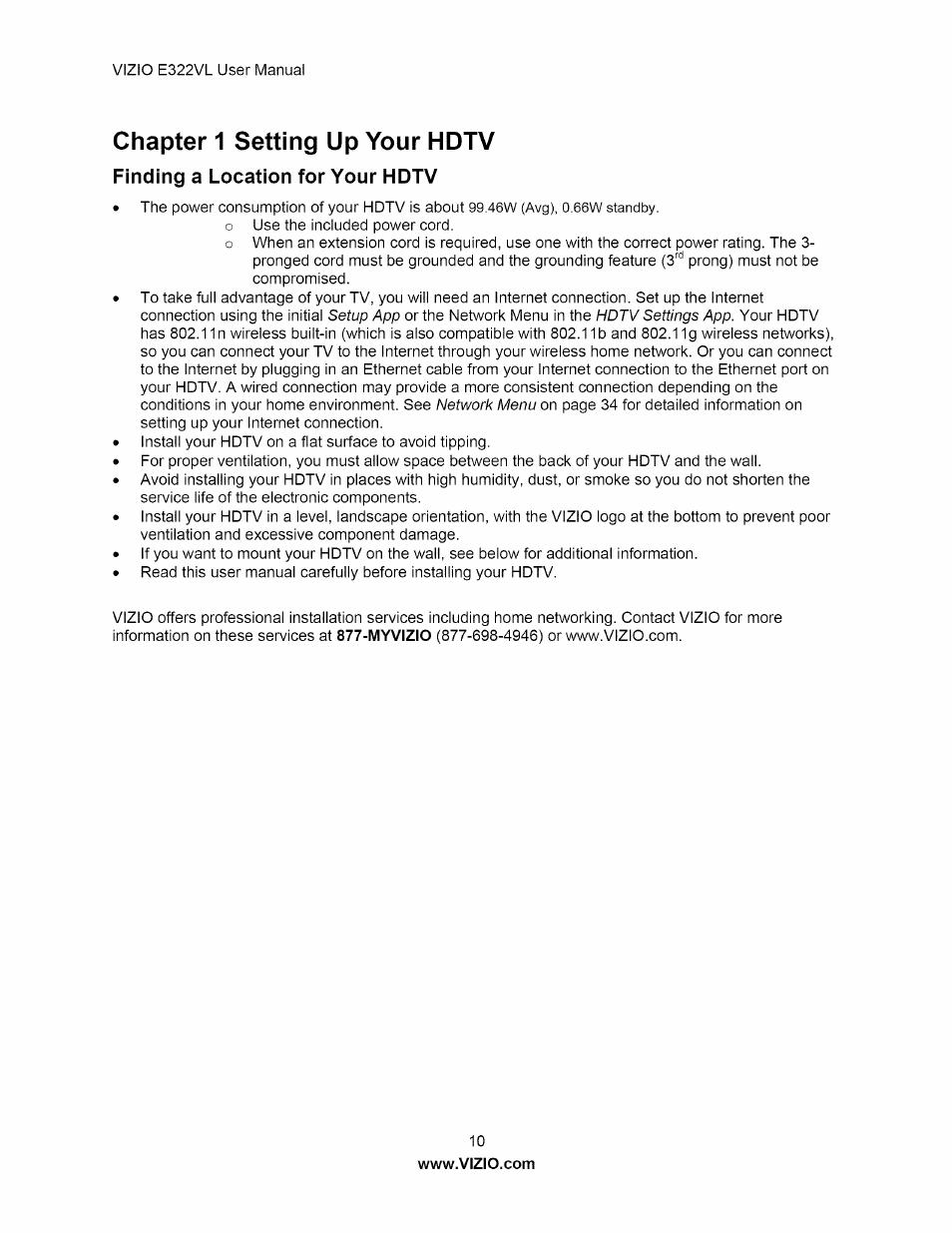 Chapter 1 setting up your hdtv, Finding a location for your hdtv | Vizio E322VL User Manual | Page 10 / 52