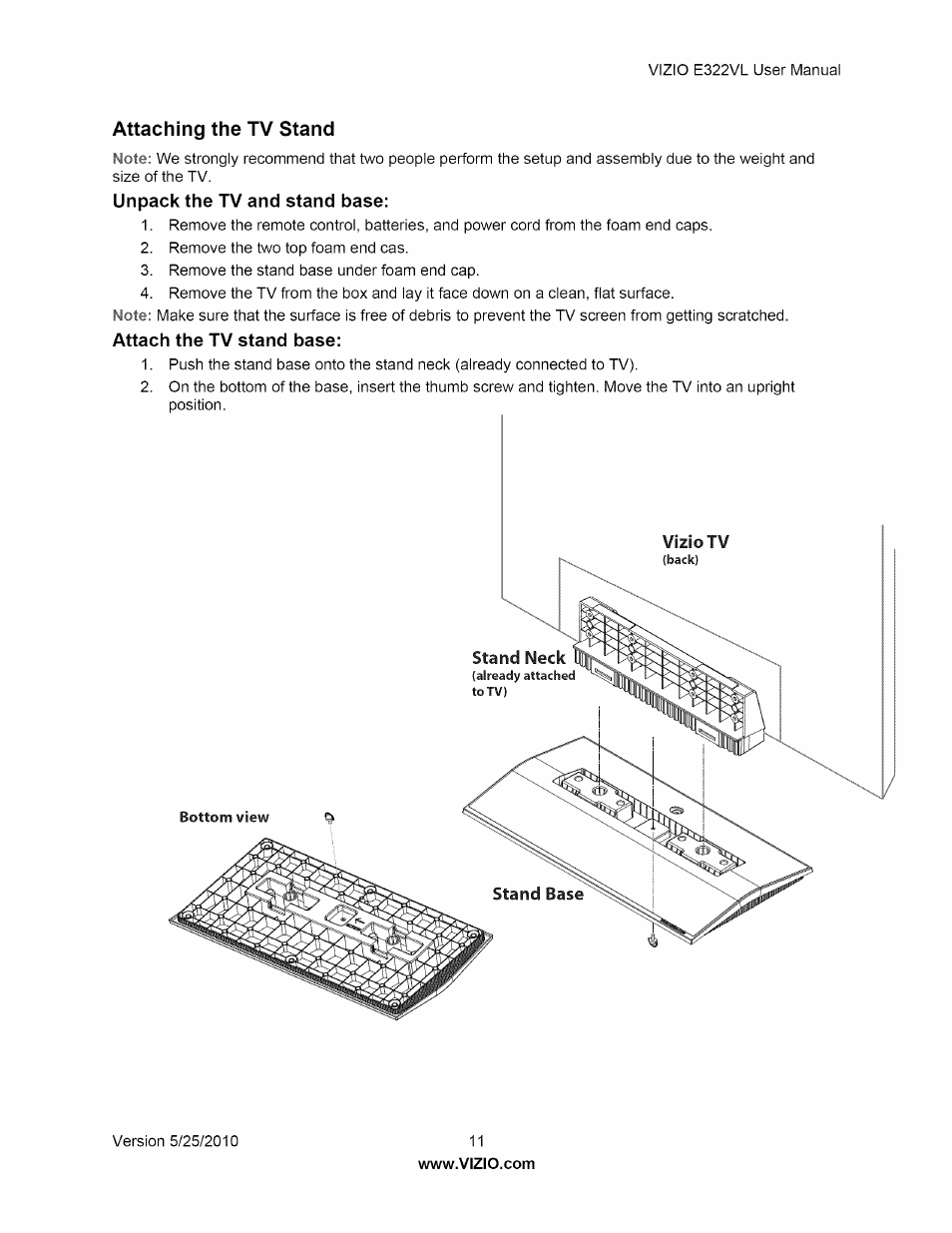 Attaching the tv stand | Vizio E322VL User Manual | Page 11 / 52