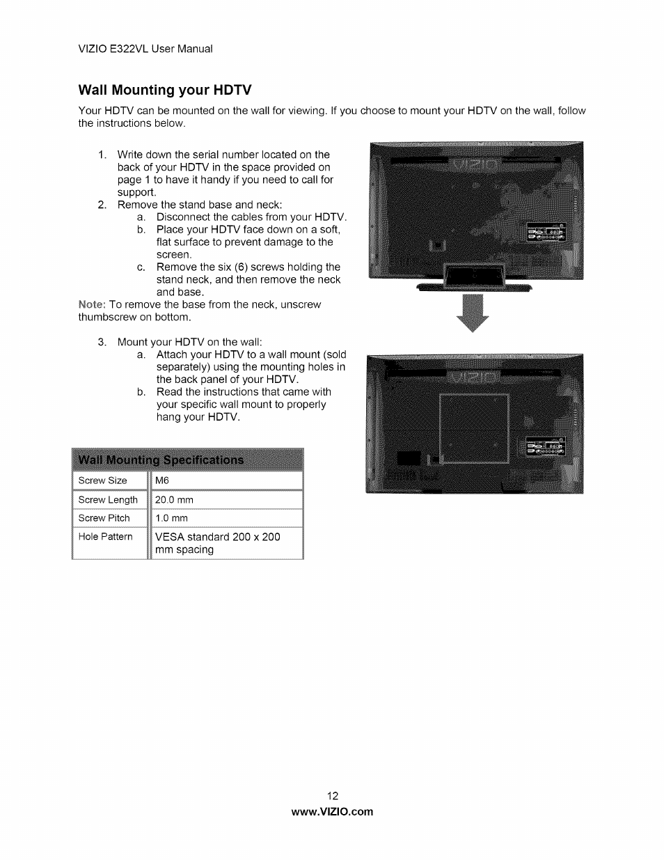 Wall mounting your hdtv | Vizio E322VL User Manual | Page 12 / 52