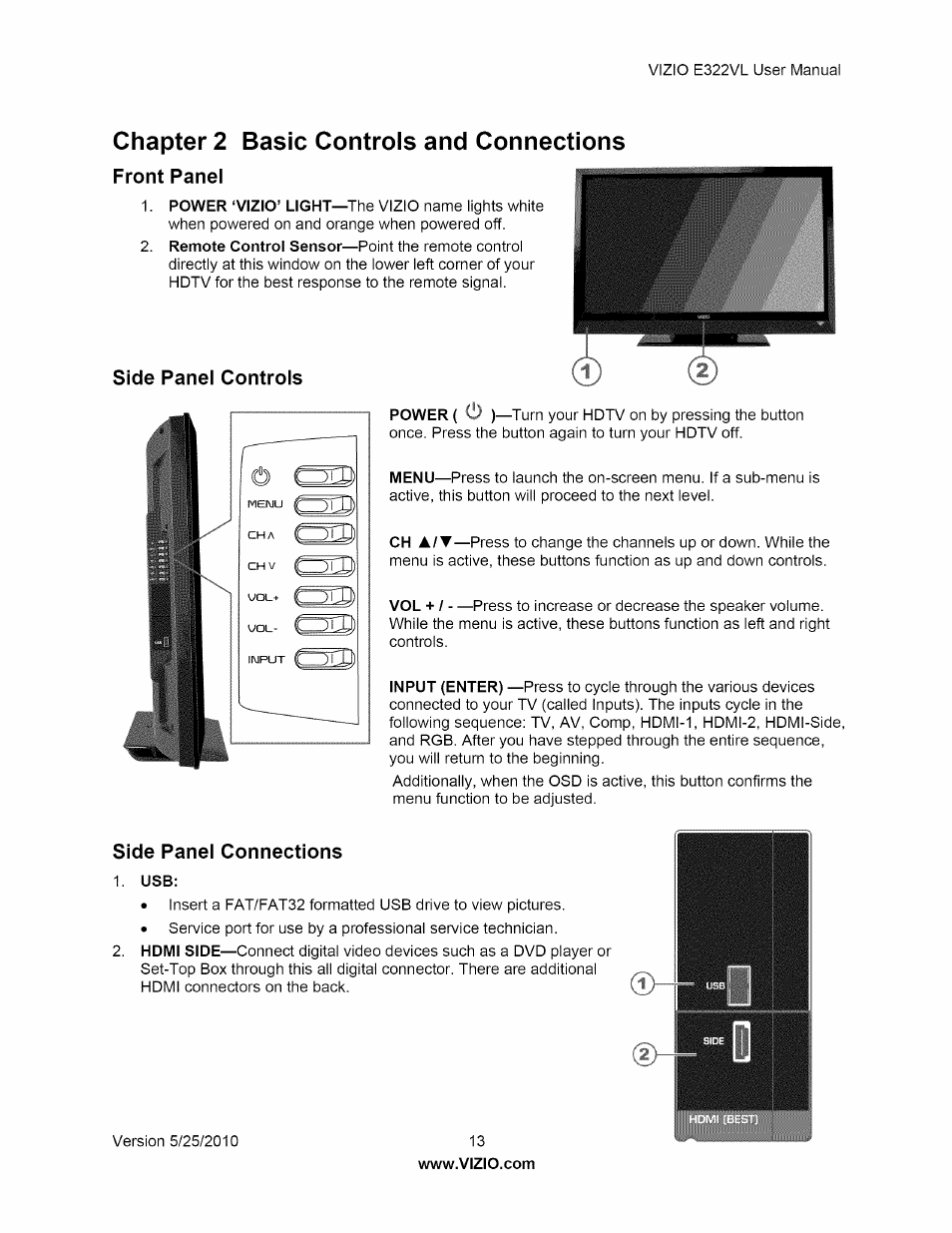 Chapter 2 basic controls and connections, Front panel, Side panel controls | Side panel connections, Side panel controls side panel connections | Vizio E322VL User Manual | Page 13 / 52