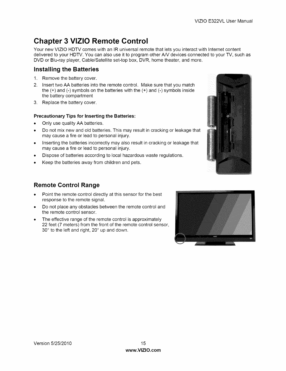 Chapter 3 vizio remote control, Installing the batteries, Remote control range | Installing the batteries remote control range | Vizio E322VL User Manual | Page 15 / 52