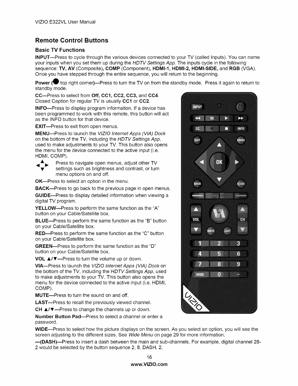 Remote control buttons, Basic tv functions | Vizio E322VL User Manual | Page 16 / 52