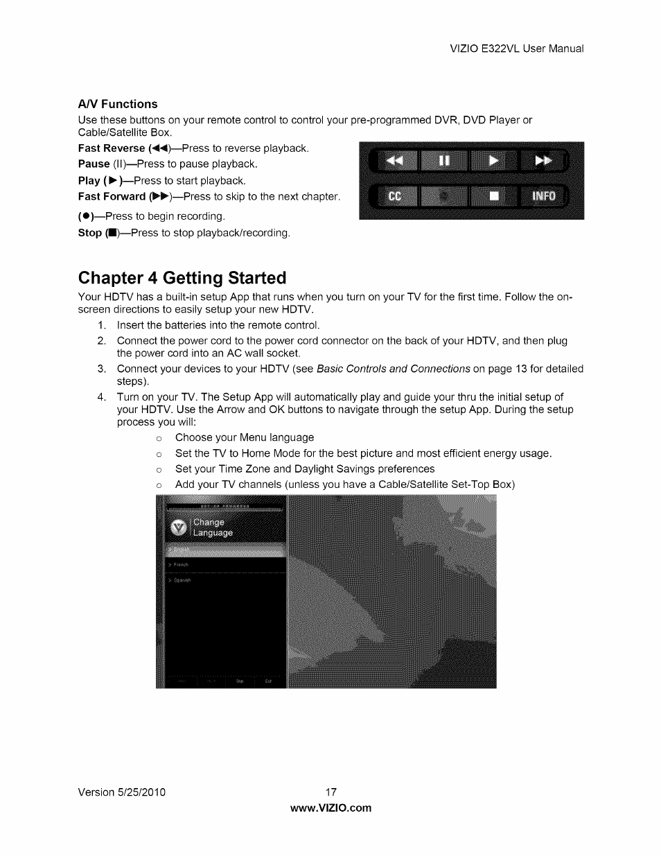Aim functions, Chapter 4 getting started, A/v functions | Vizio E322VL User Manual | Page 17 / 52