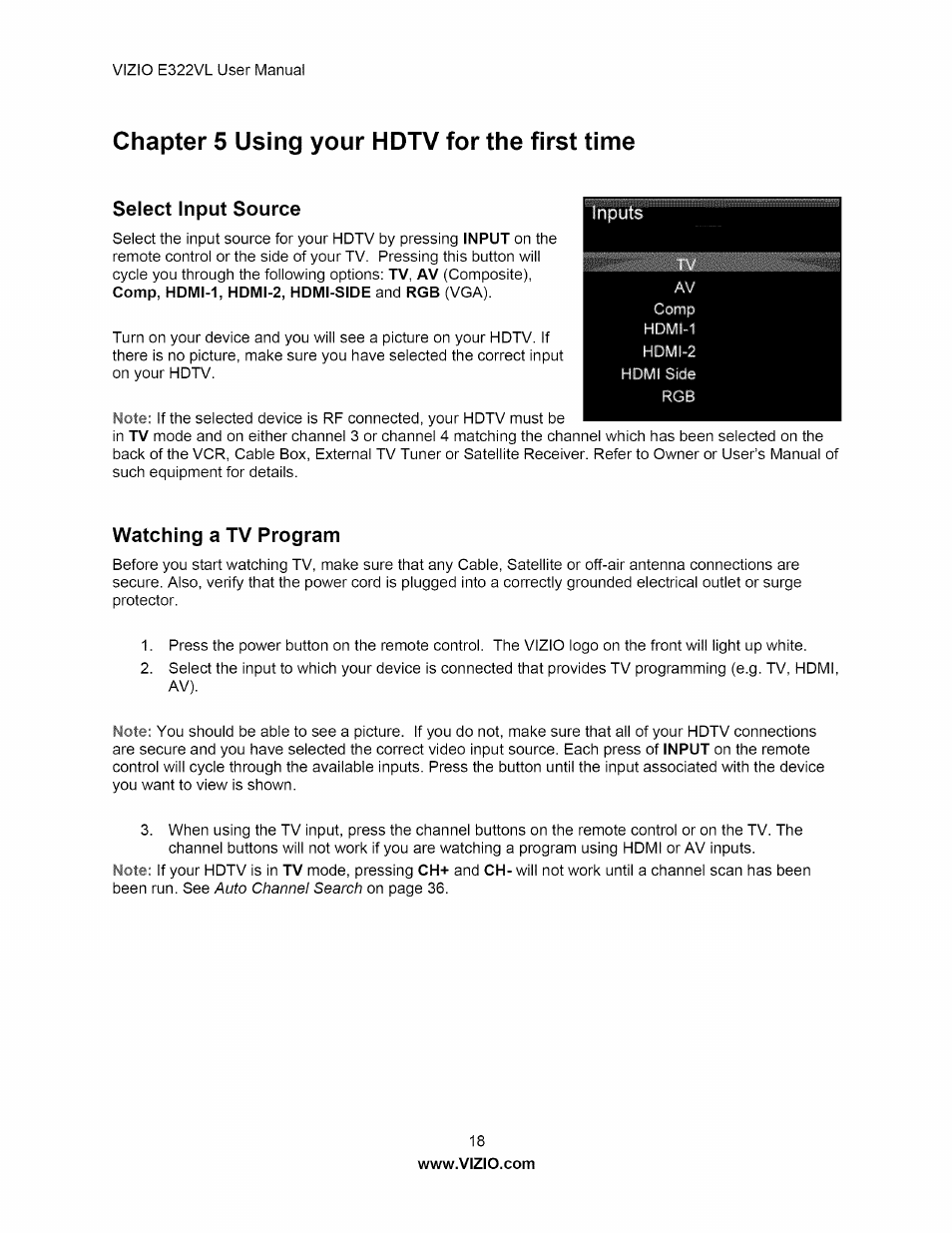 Chapter 5 using your hdtv for the first time, Select input source, Watching a tv program | Select input source watching a tv program | Vizio E322VL User Manual | Page 18 / 52