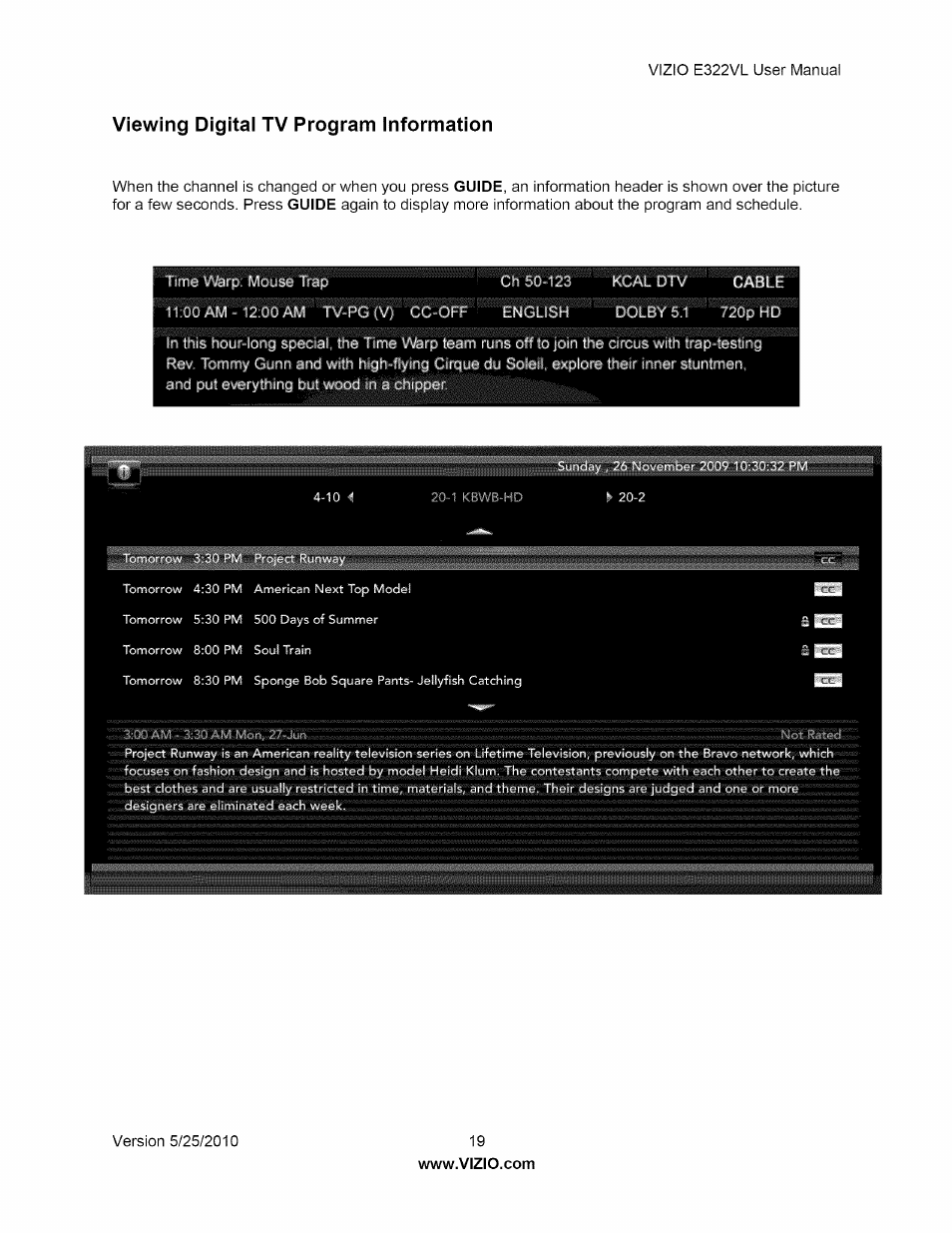 Viewing digitai tv program information, Viewing digital tv program information | Vizio E322VL User Manual | Page 19 / 52