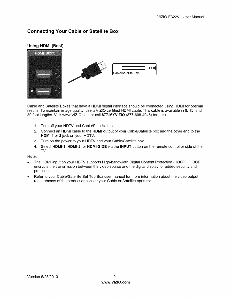 Connecting your cable or satellite box | Vizio E322VL User Manual | Page 21 / 52