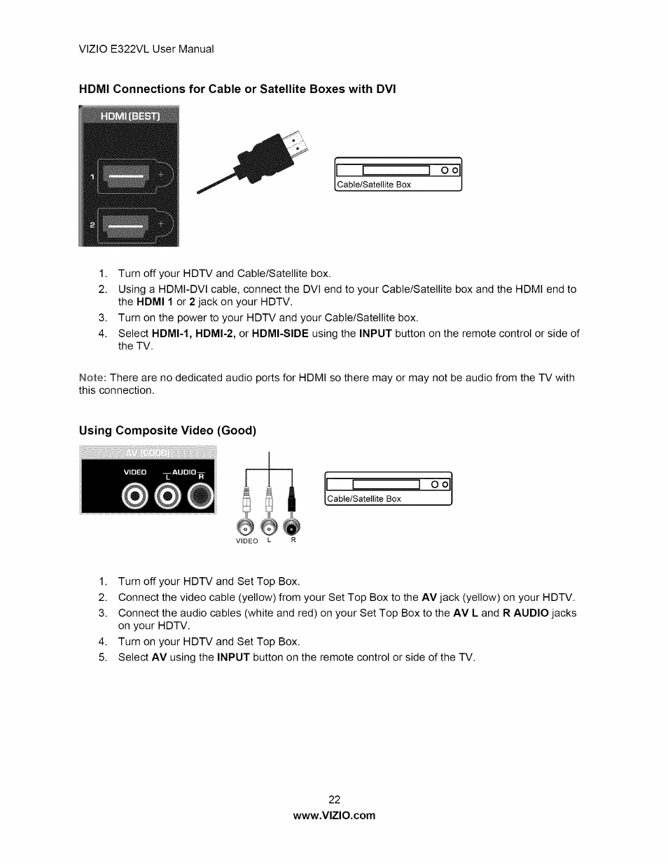 Using composite video (good) | Vizio E322VL User Manual | Page 22 / 52