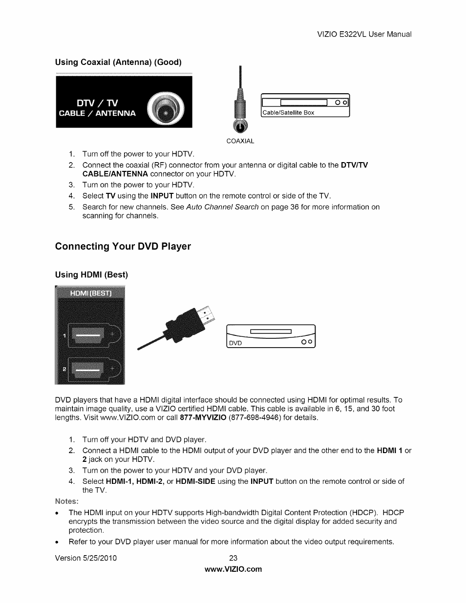 Using coaxial (antenna) (good), Connecting your dvd player, Using homi (best) | Using hdmi (best) | Vizio E322VL User Manual | Page 23 / 52