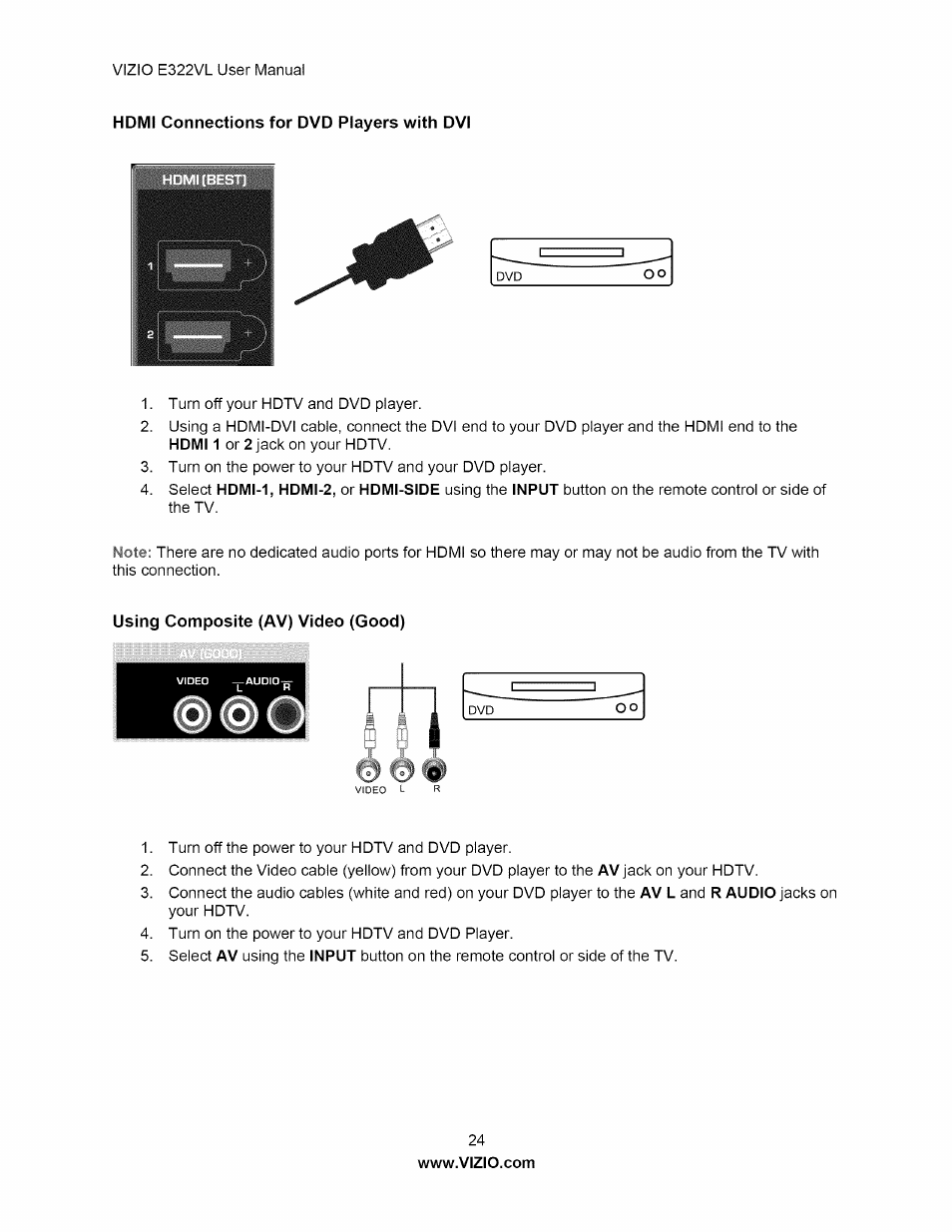 Hdmi connections for dvd players with dvi, Using composite (av) video (good) | Vizio E322VL User Manual | Page 24 / 52
