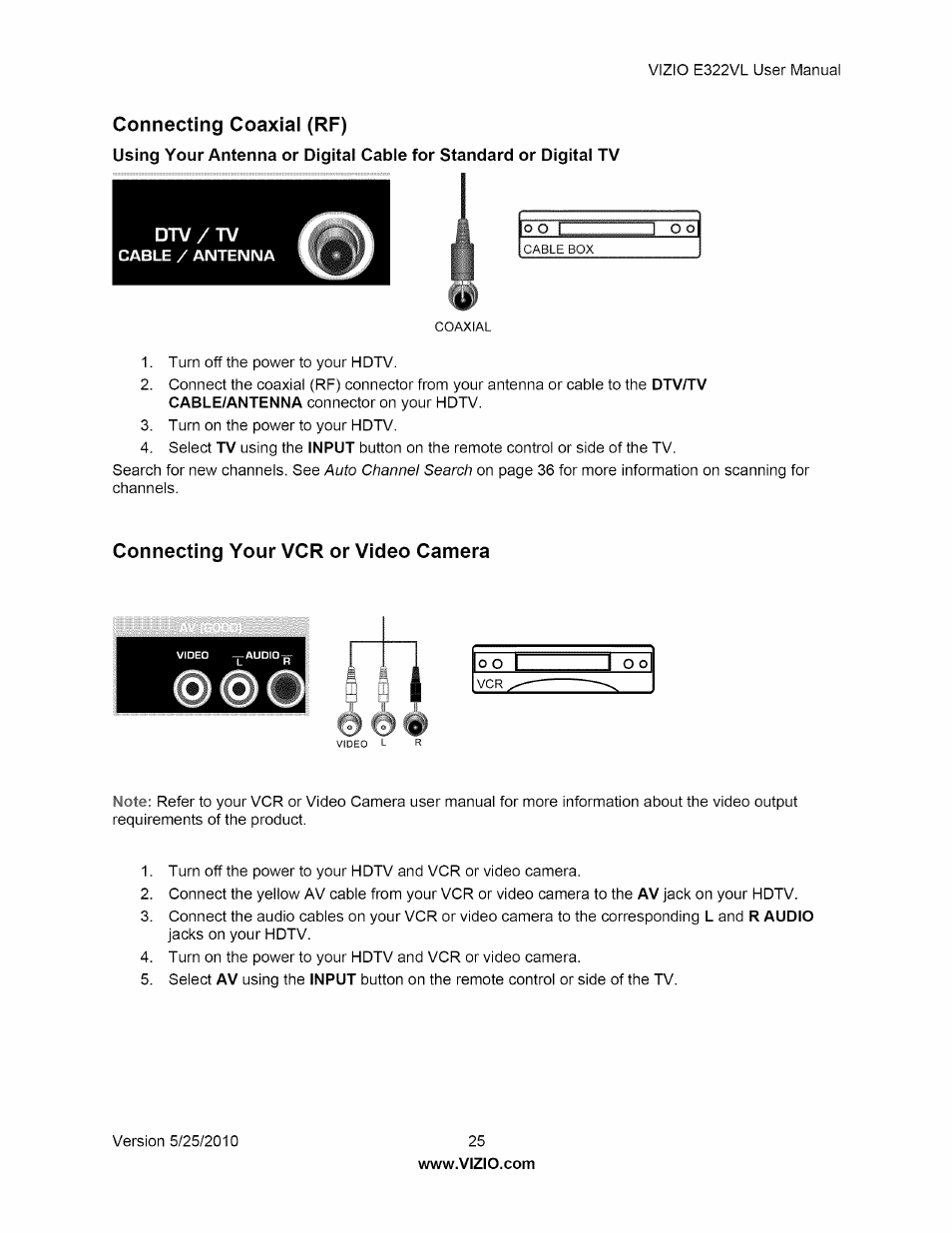 Connecting coaxial (rf), Connecting your vcr or video camera, O o r | Vizio E322VL User Manual | Page 25 / 52