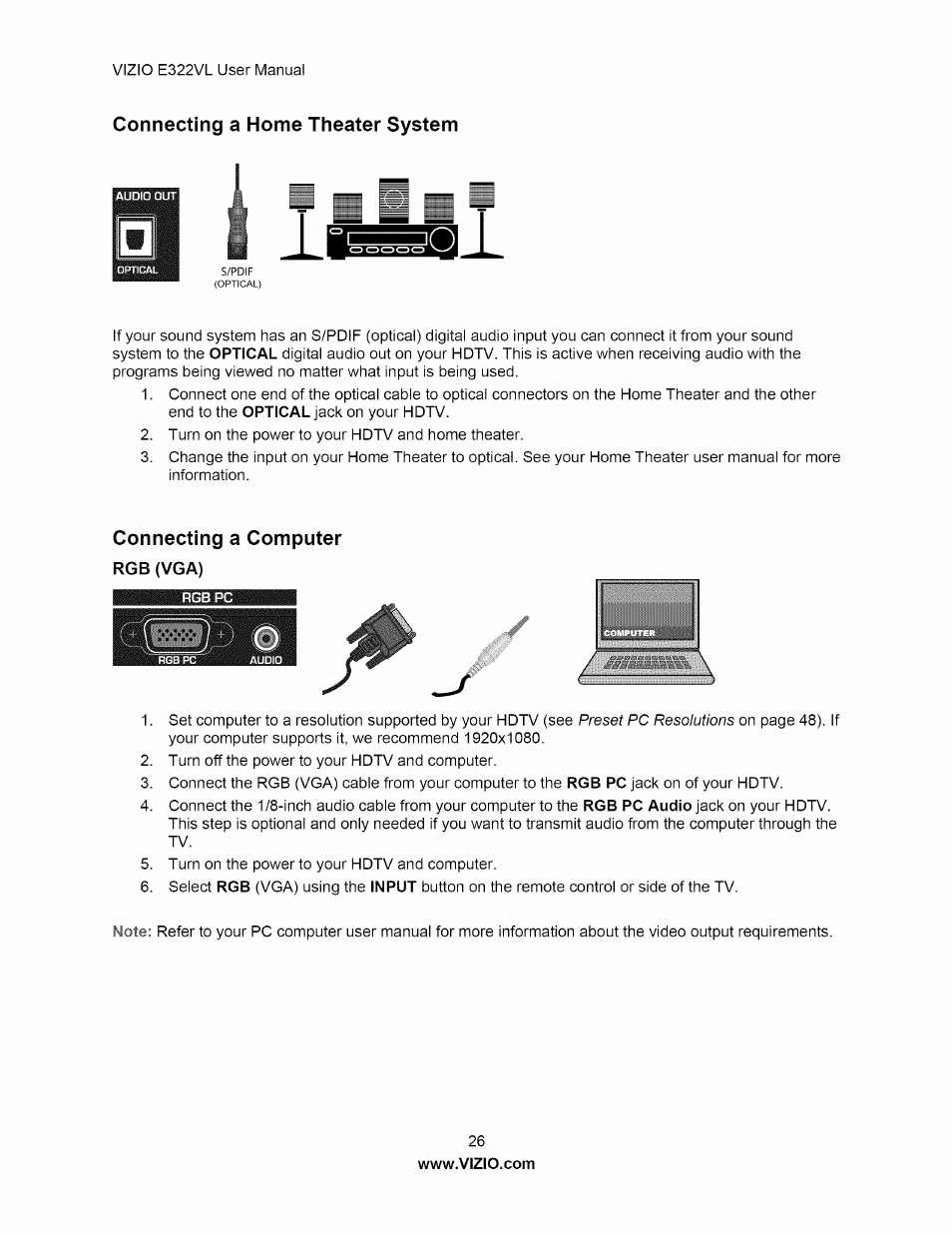 Connecting a home theater system, Connecting a computer, Rgb (vga) | Vizio E322VL User Manual | Page 26 / 52