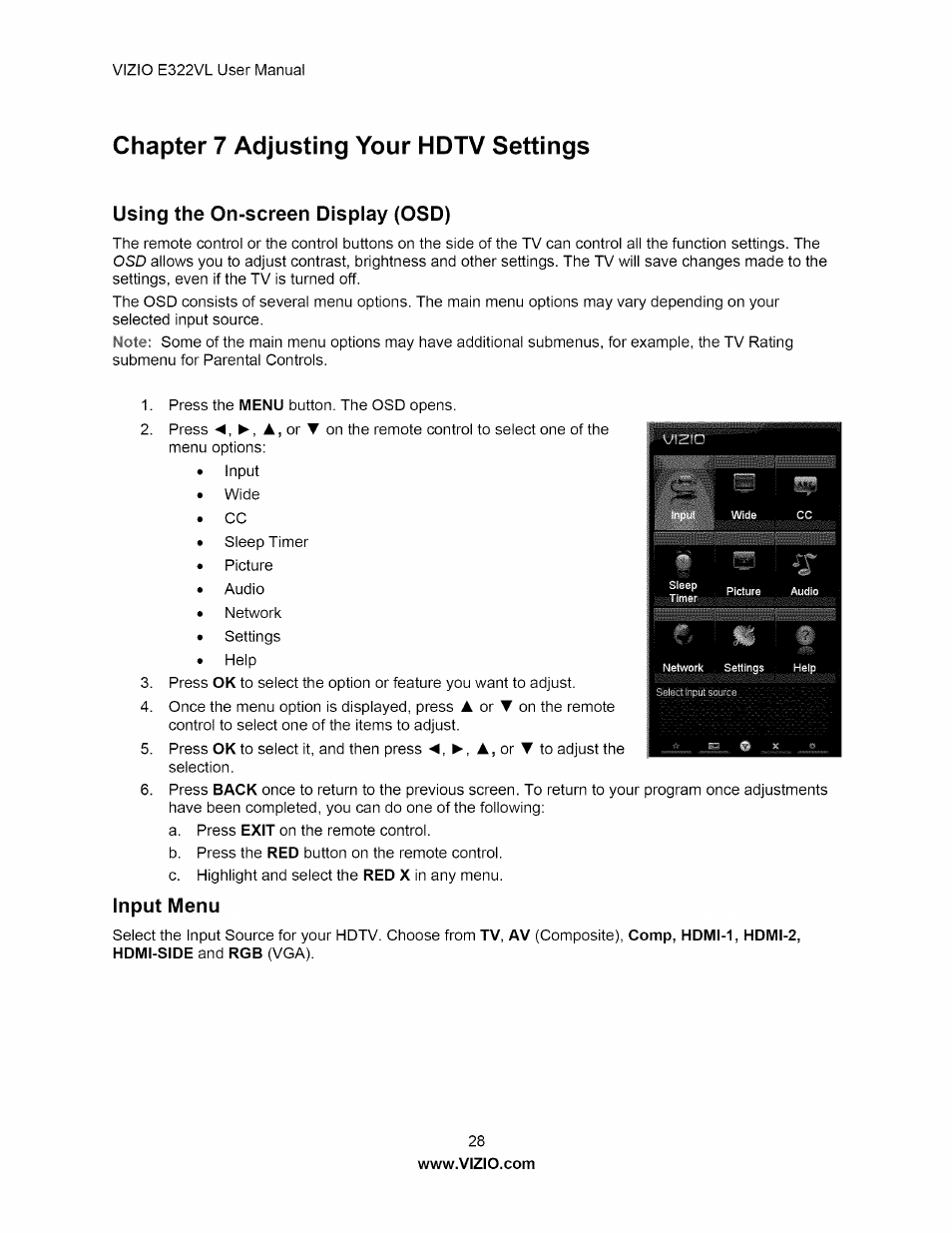 Chapter 7 adjusting your hdtv settings, Using the on-screen display (osd), Input menu | Using the cn-screen display (csd) input menu | Vizio E322VL User Manual | Page 28 / 52