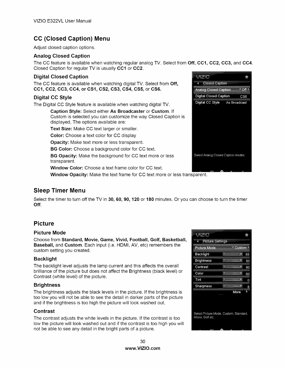 Cc (closed caption) menu, Sleep timer menu, Picture | Picture mode, Contrast, Sleep timer menu picture | Vizio E322VL User Manual | Page 30 / 52