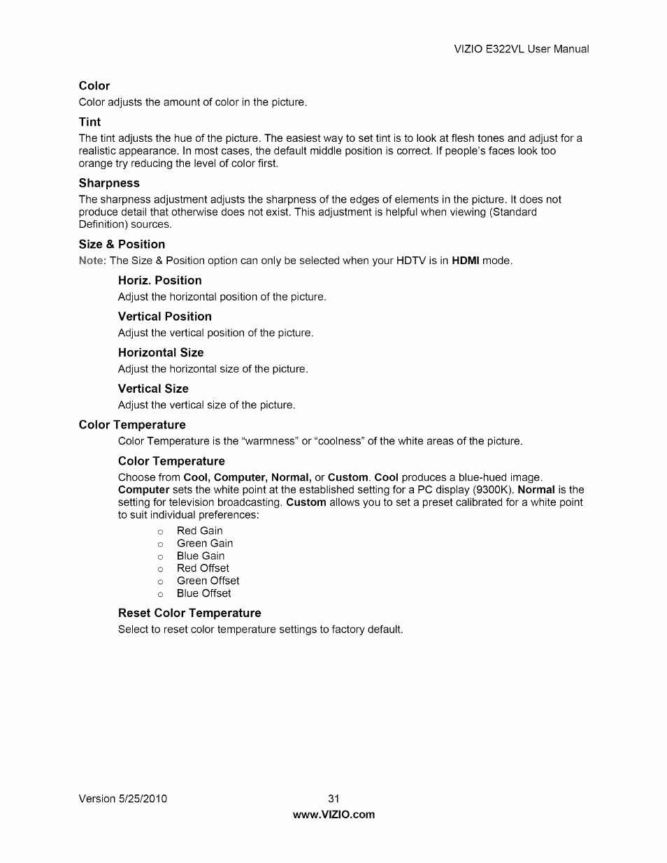 Color, Tint, Size & position | Horiz. position, Vertical position, Horizontal size, Vertical size | Vizio E322VL User Manual | Page 31 / 52