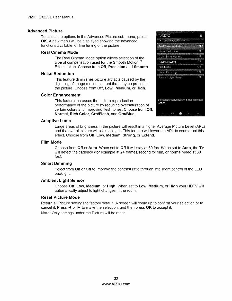 Advanced picture, Real cinema mode, Noise reduction | Color enhancement, Film mode, Reset picture mode | Vizio E322VL User Manual | Page 32 / 52