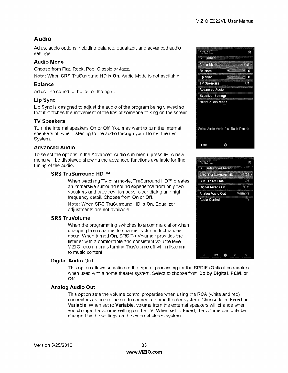 Audio, Audio mode, Balance | Advanced audio, Srs trusurround hd, Srs truvolume | Vizio E322VL User Manual | Page 33 / 52