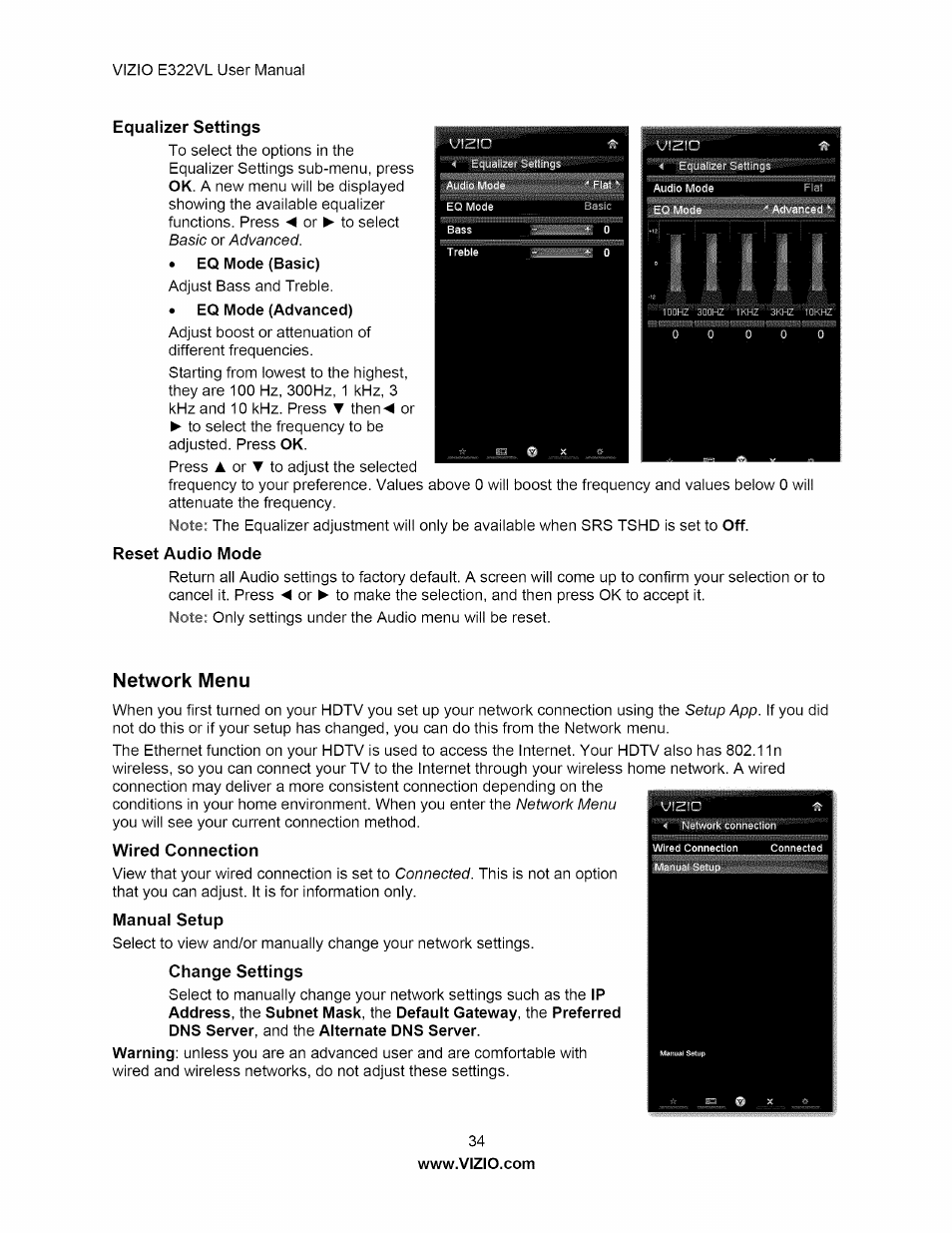 Equalizer settings, Reset audio mode, Network menu | Wired connection, Equalizer settings reset audio mode | Vizio E322VL User Manual | Page 34 / 52