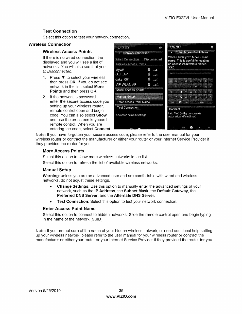 Test connection, Wireless connection, Wireless access points | More access points, Enter access point name | Vizio E322VL User Manual | Page 35 / 52