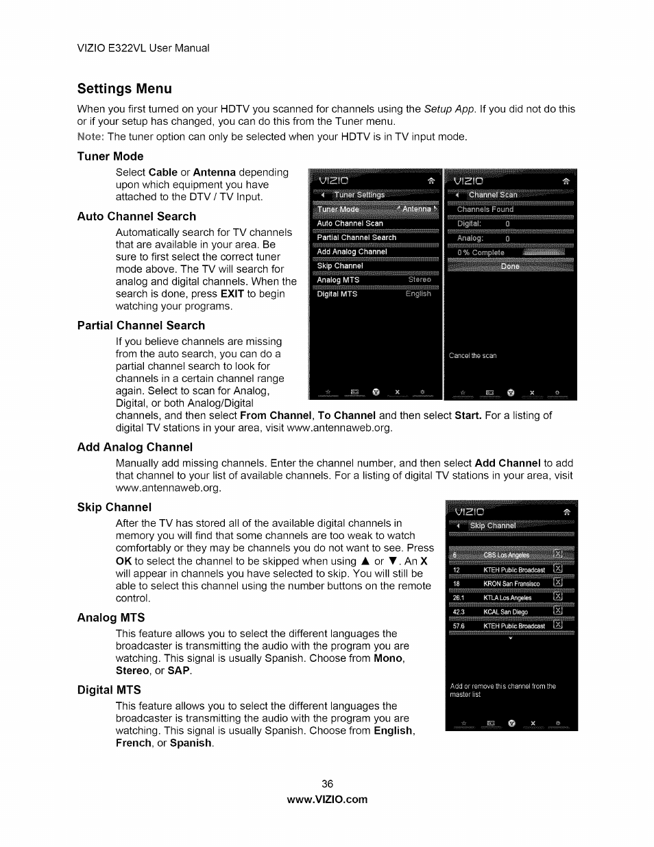 Settings menu, Tuner mode, Auto channel search | Partial channel search, Tuner mode auto channel search | Vizio E322VL User Manual | Page 36 / 52