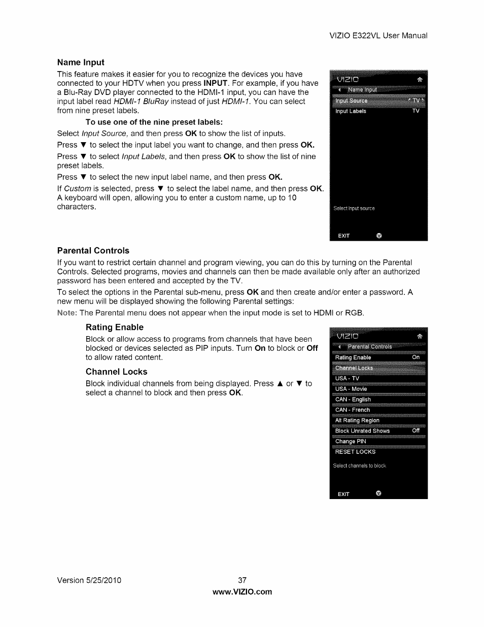 Name input, Parental controls, Name input parental controls | I~ i | Vizio E322VL User Manual | Page 37 / 52