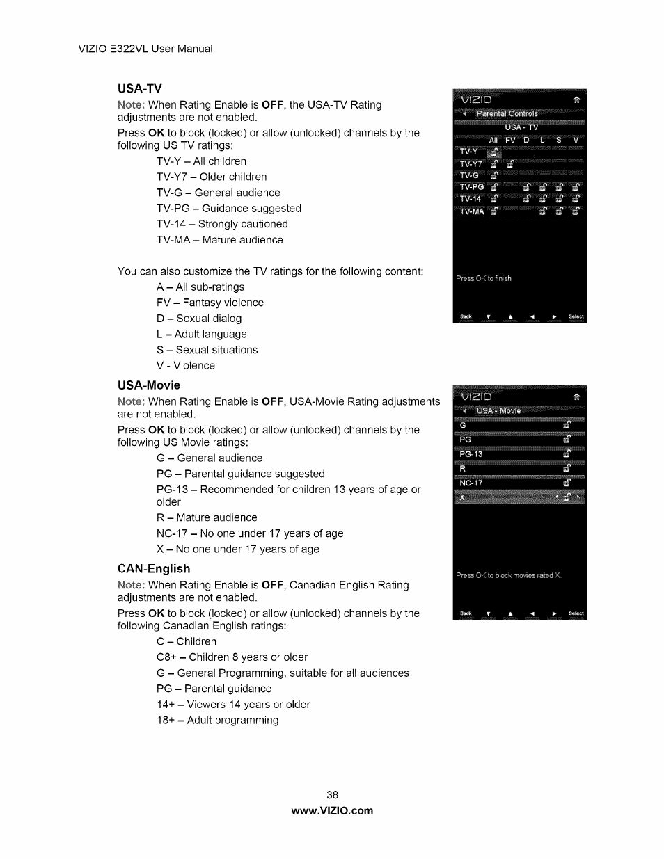 Usa-tv, Usa-movie | Vizio E322VL User Manual | Page 38 / 52