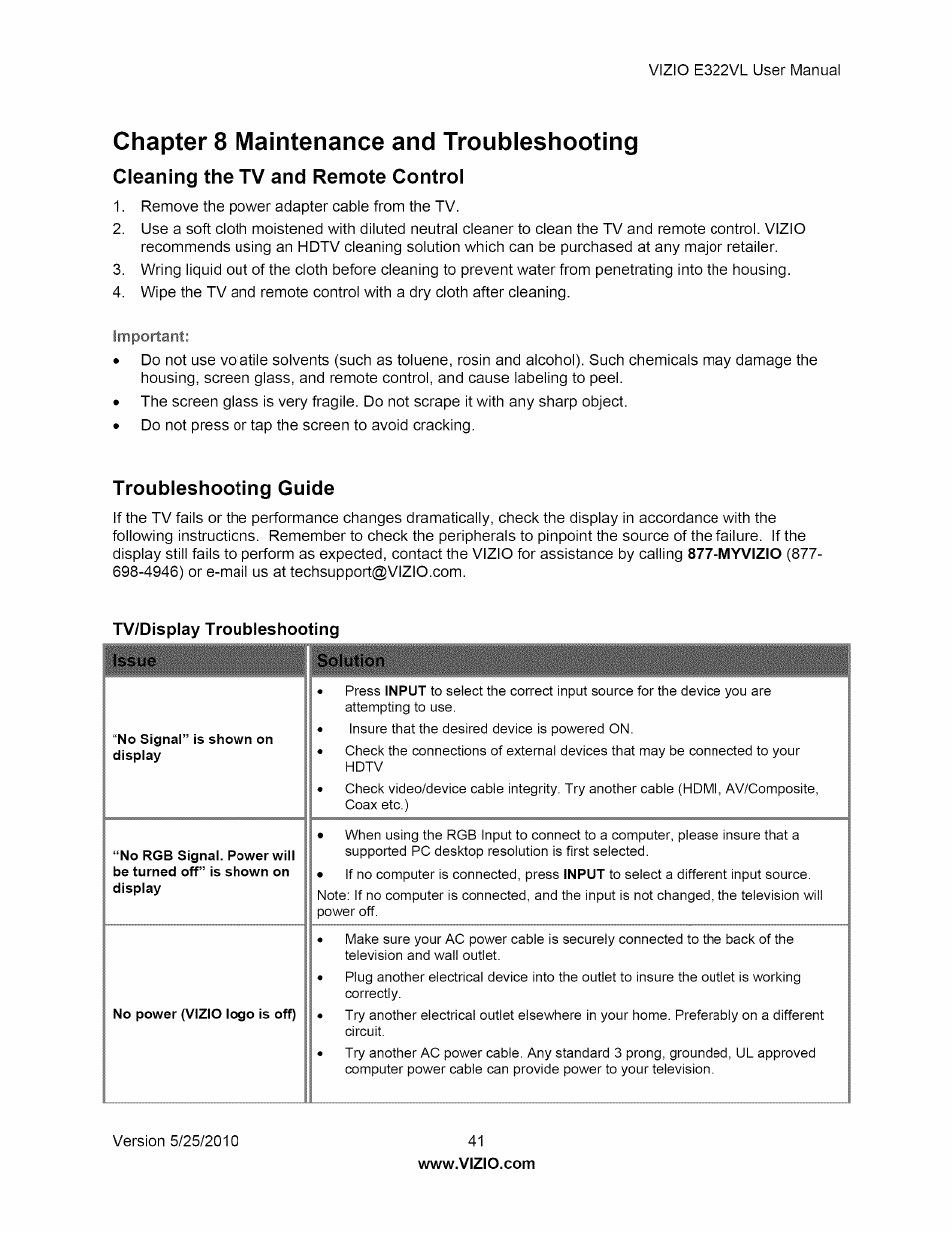 Chapter 8 maintenance and troubleshooting, Cleaning the tv and remote control, Troubleshooting guide | Tv/display troubleshooting issue solution | Vizio E322VL User Manual | Page 41 / 52
