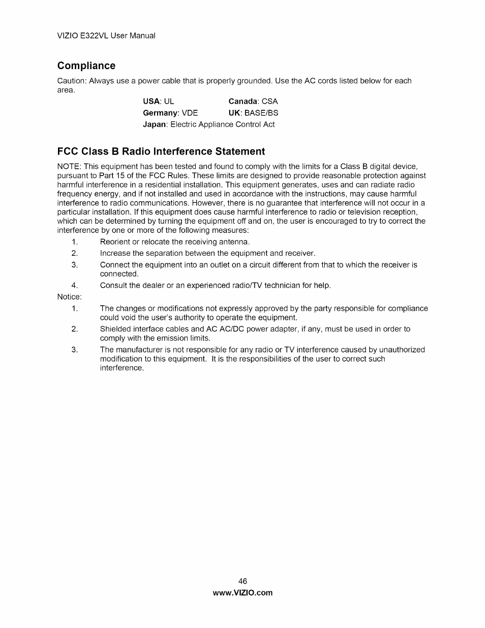 Compliance, Fcc class b radio interference statement | Vizio E322VL User Manual | Page 46 / 52