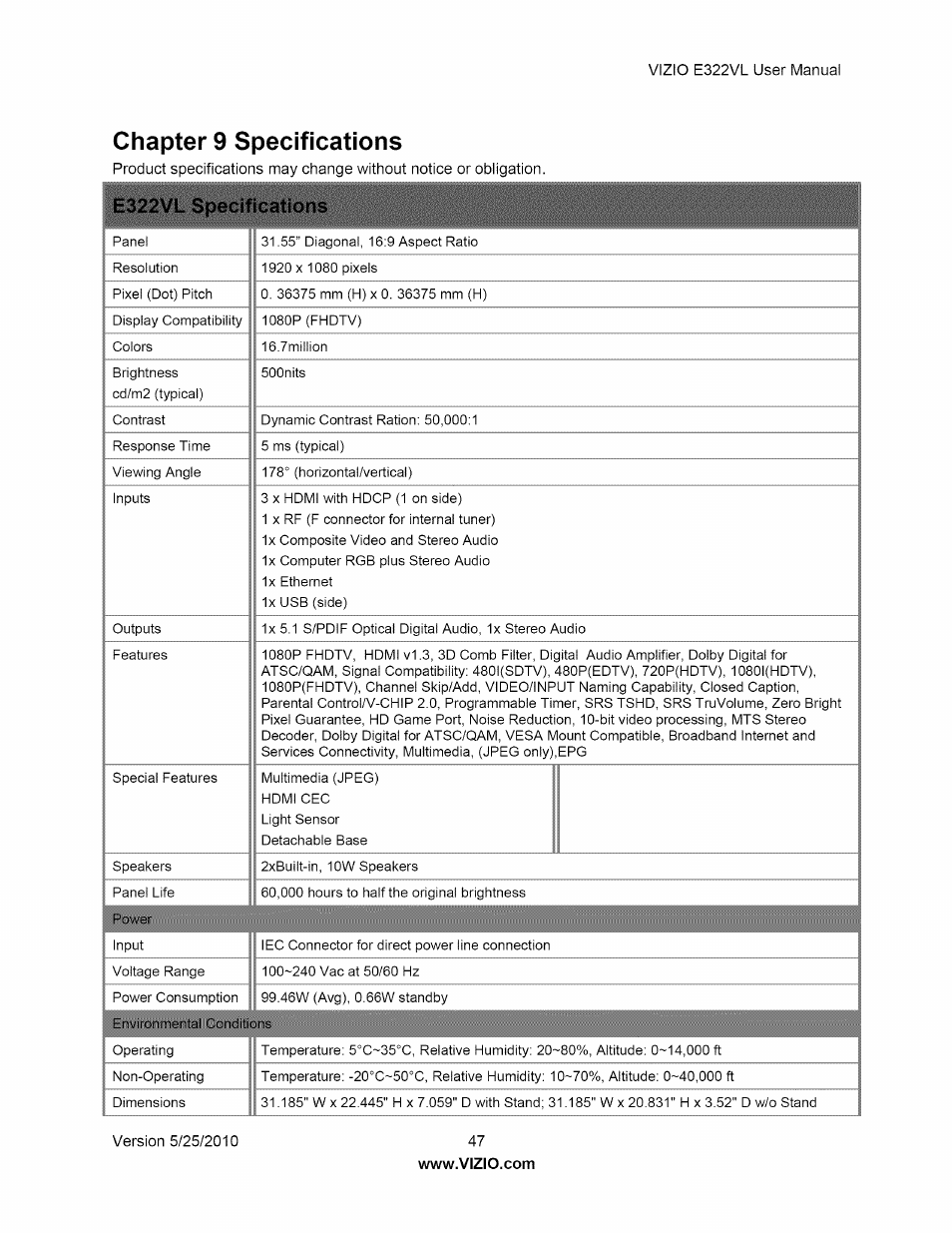 Chapter 9 specifications | Vizio E322VL User Manual | Page 47 / 52