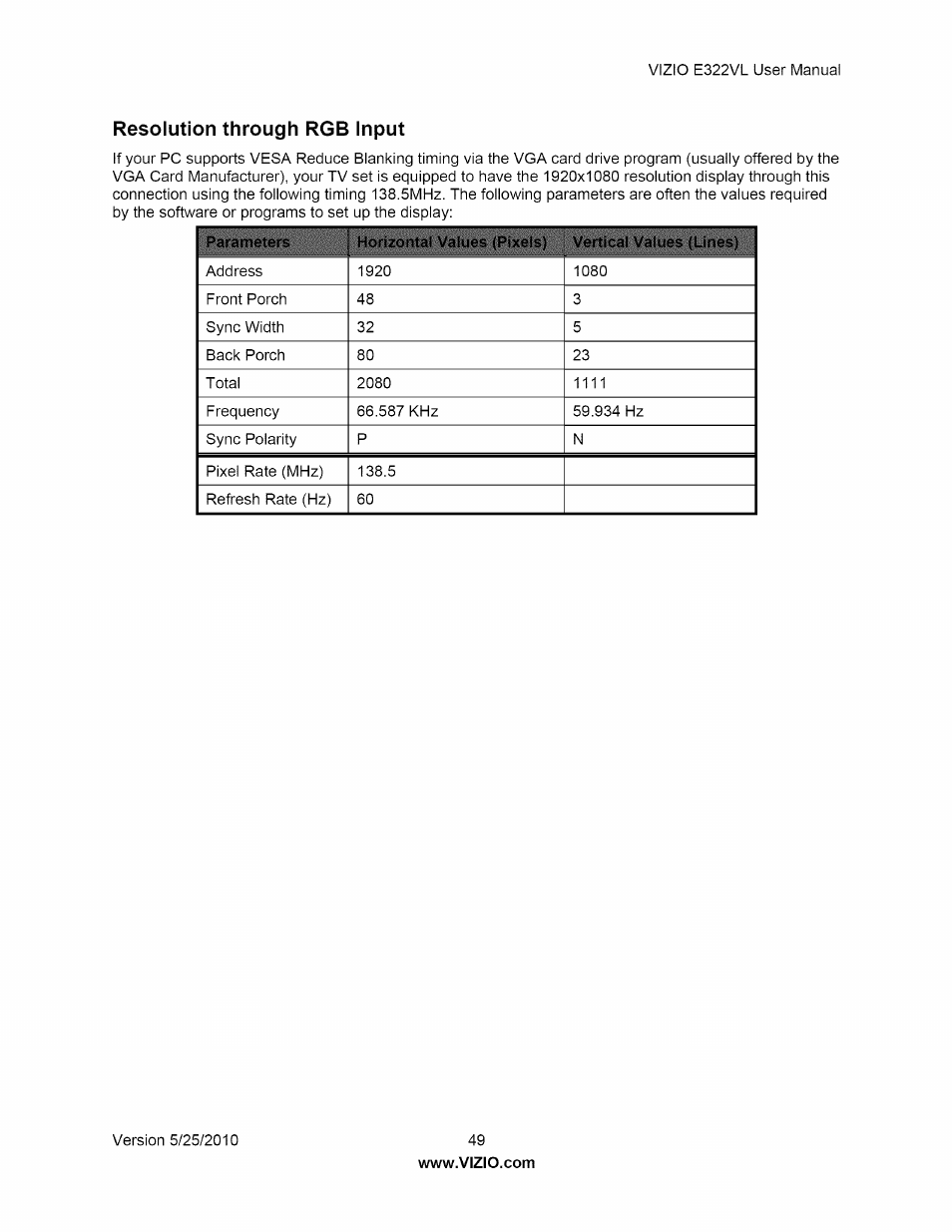 Resolution through rgb input | Vizio E322VL User Manual | Page 49 / 52