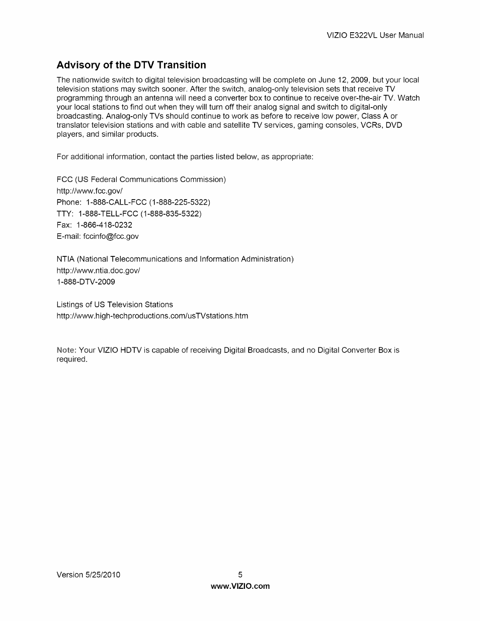 Advisory of the dtv transition | Vizio E322VL User Manual | Page 5 / 52