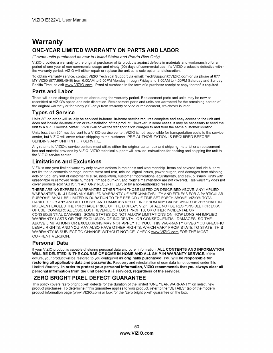 Warranty, One-year limited warranty on parts and labor, Parts and labor | Types of service, Limitations and exclusions, Personal data, Zero bright pixel defect guarantee | Vizio E322VL User Manual | Page 50 / 52