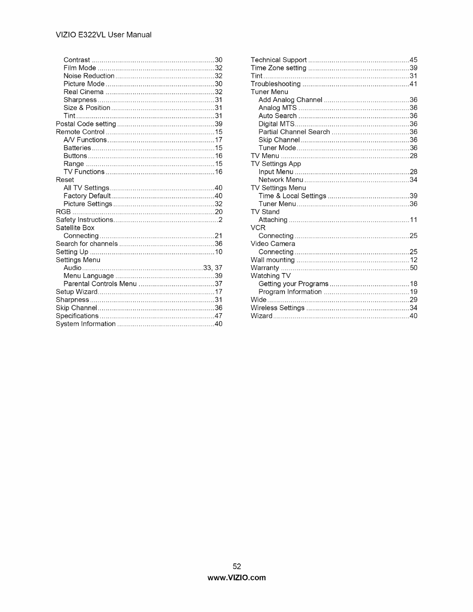 Vizio E322VL User Manual | Page 52 / 52